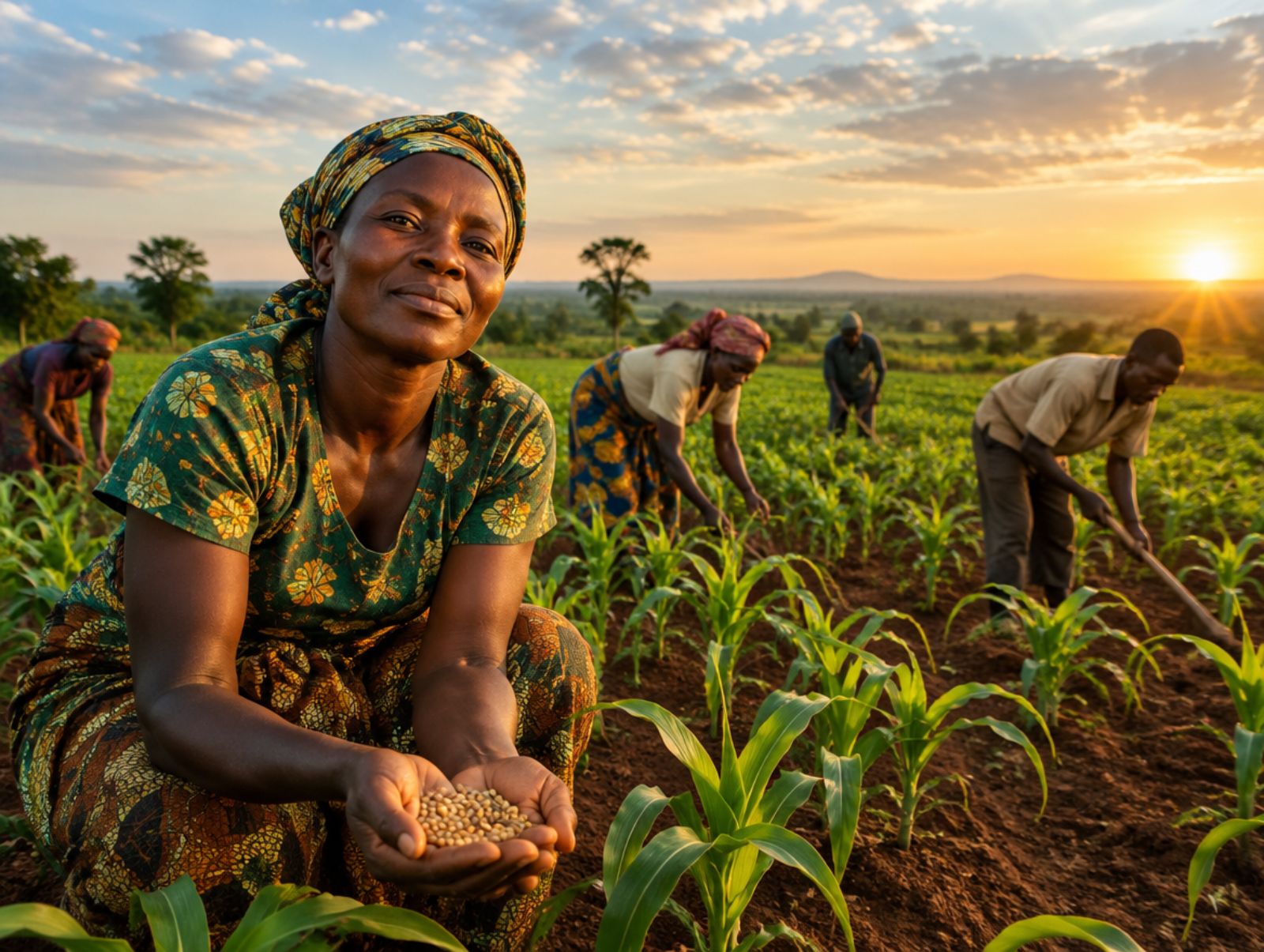 Nigerian farmers working young crops at golden hour