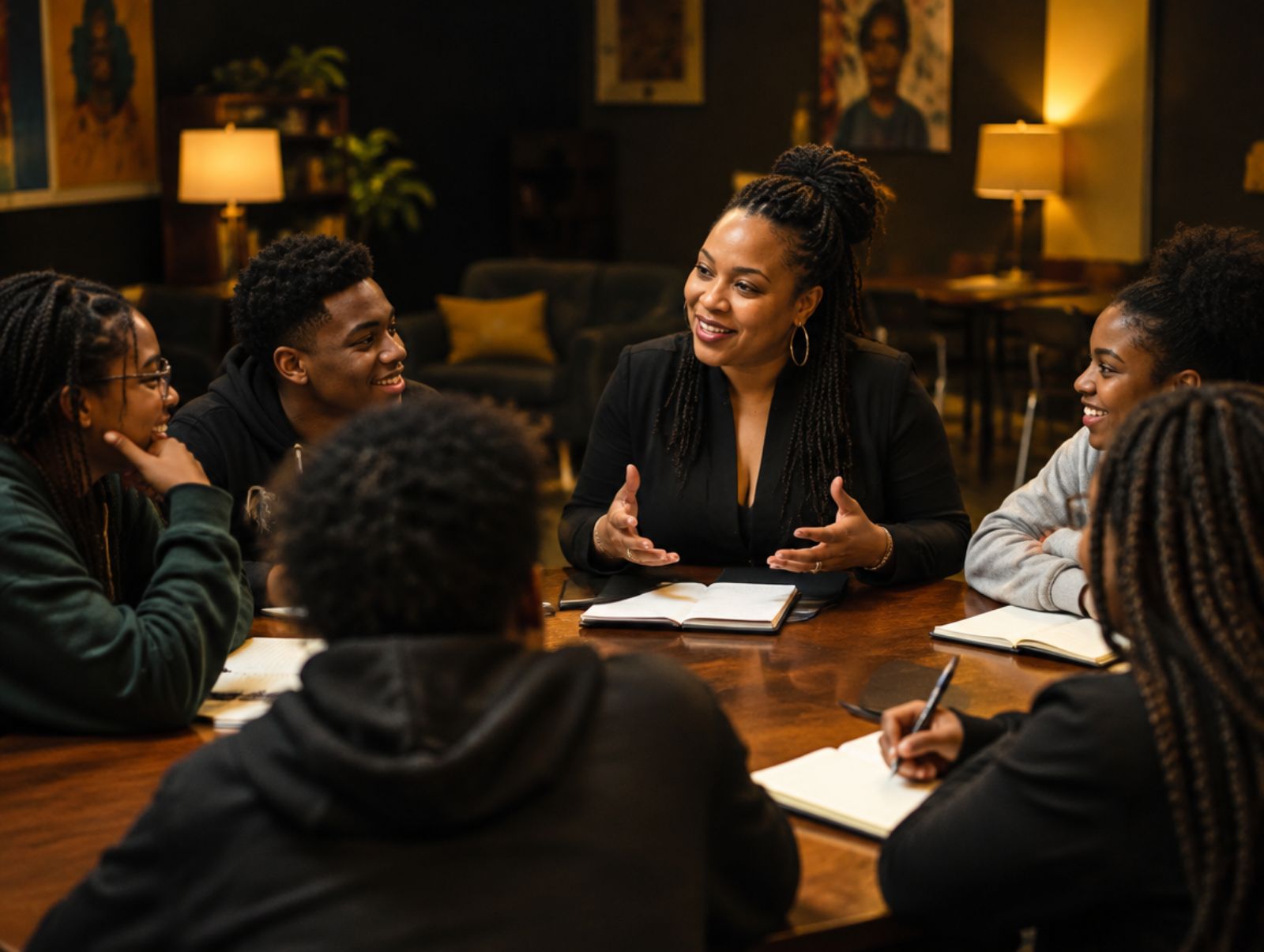 A mentor leading a leadership workshop with students