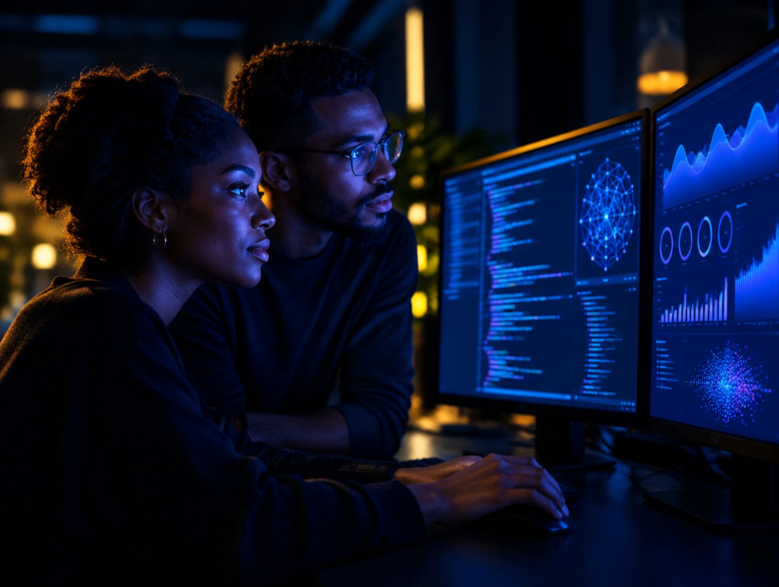 Two young Black technologists reviewing an AI dashboard